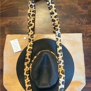 Mud Pie Tan Interior Leopard Detail Tote & Hat